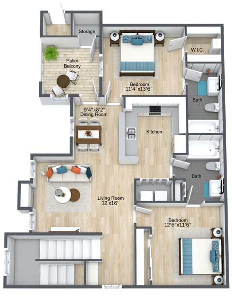 Floor plan for 2 beds, 2 baths, 1132 sqft